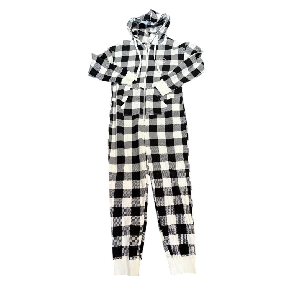 NWT ivory ella Black White Buffalo‎ Plaid Onesie Pajama Cotton. Women Size Small